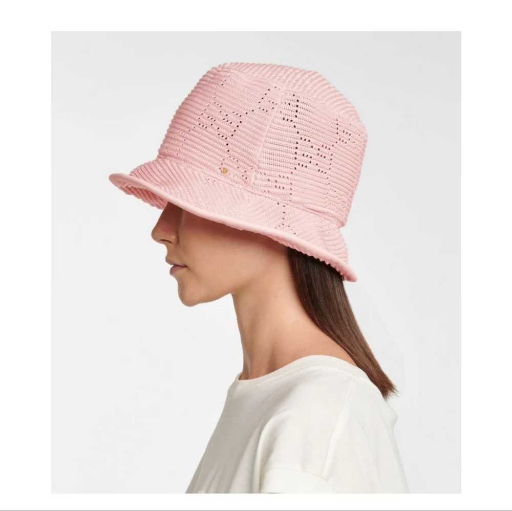 Gucci Knitted Crochet Malibu GG Fabric Leather Bucket Hat Pink XL 59 cm New